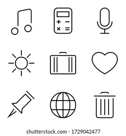 Web set icons. Thin line Icons Set consisting of Musical Note, Calculator, Microphone, Sun, Bag, Suitcase, Heart, Push pin, Globe, Planet, Basket. Outline Web icons. Editable stroke web  icon