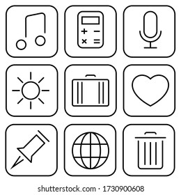 Web set icons. Thin line Icons Set consisting of Musical Note, Calculator, Microphone, Sun, Bag, Suitcase, Heart, Push pin, Globe, Planet, Basket. Outline Web icons. Editable stroke web icon