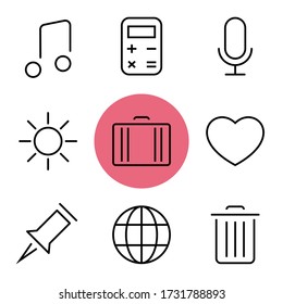 Web set icons. Thin line Icons Set consisting of Musical Note, Calculator, Microphone, Sun, Bag, Suitcase, Heart, Push pin, Globe, Planet, Basket. Outline Web icons. Editable stroke web icon