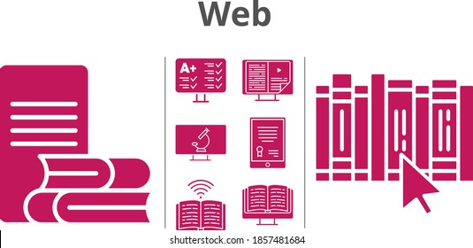 conjunto web. incluye tableta, ebook, test, online-learning, libro, íconos microscopio. estilos rellenos.