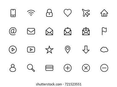 Web Set of Interface Vector Line Icons. Contains icons such as Smartphone, Wi-Fi, Lock, Heart, Airplane, House, Mail, Flag, Map, Star, Cloud, User and more. Editable Stroke. 16x16 Pixel Perfect