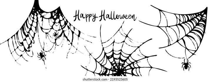 Web set isolated on white background. Scary Halloween web with spiders. Outline vector illustration.
"Happy Halloween". Freehand drawing. Modern line vector illustration.