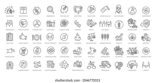 Web Set of Nutrition, Healthy food and Detox Diet Vector Thin Line Icons