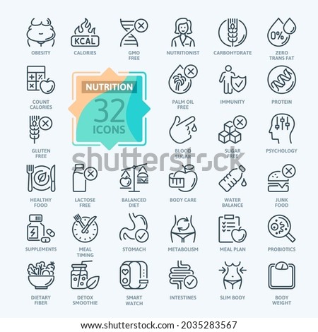 Web Set of Nutrition, Healthy food and Detox Diet Vector Icons. Contains such Icons as Metabolism, Caunt Calories, Palm oil free, Zero thans fat, Probiotics and more. Outline icons collection. Simple 