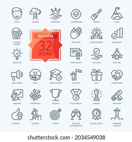 Web Set of Success, Goals and Target Related Vector Thin Line Icons. Contains such Icons as Achievment, Handshake, Victory and more. Outline icons collection. Simple vector illustration.