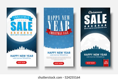 web set of vertical banners for Christmas sales. Templates with starry sky, moon, snow-capped mountains. Vector illustration.