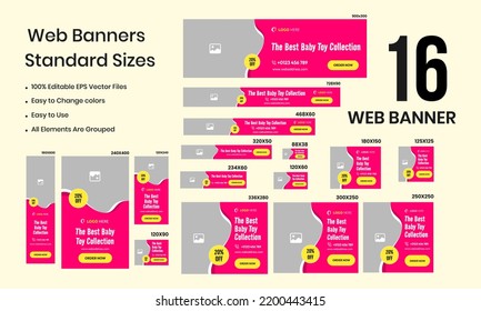 Web sets of baby toy collection with sale banner, Baby collar sizes web banner design. It's a toy blog post. Vector illustration multipurpose web kits