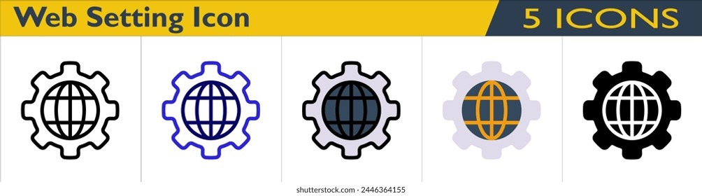 Web Setting icon with 5 styles (outline, color outline, color lineal, color and solid)
