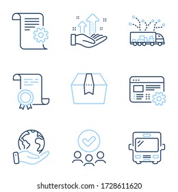 Web settings, Analysis graph and Technical documentation line icons set. Diploma certificate, save planet, group of people. Truck delivery, Bus and Package box signs. Vector