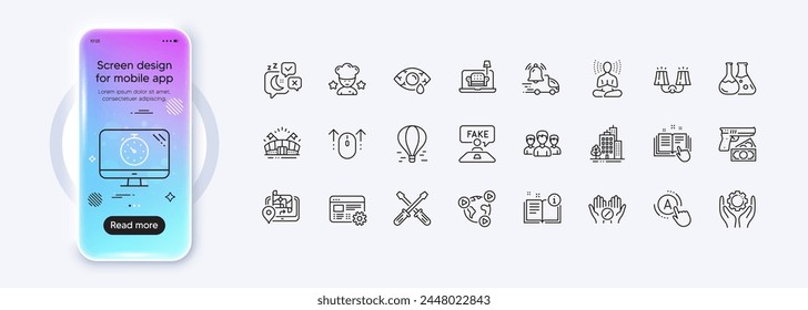 Web settings, Chemistry lab and Best chef line icons for web app. Phone mockup gradient screen. Pack of Swipe up, Conjunctivitis eye, Screwdriverl pictogram icons. Vector