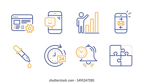 Web settings, Graph chart and Time management line icons set. Chemistry pipette, 24h delivery and Smile signs. Mail, Puzzle symbols. Engineering tool, Growth report. Technology set. Vector