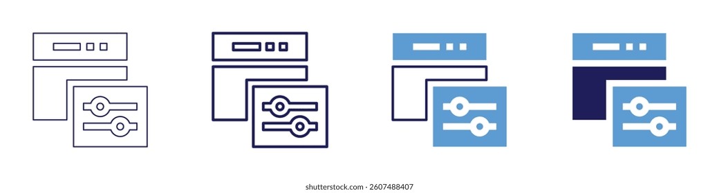 Web settings icon in 4 different styles. Thin Line, Line, Bold Line, Duotone. Duotone style. Editable stroke.