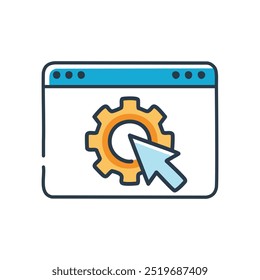 Ícone de configurações da Web. Janela do navegador com uma engrenagem e cursor, simbolizando a personalização e configuração do site.