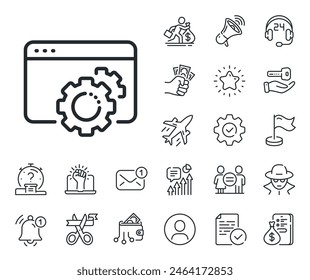 Web settings sign. Salaryman, gender equality and alert bell outline icons. Seo gear line icon. Traffic management symbol. Seo gear line sign. Spy or profile placeholder icon. Vector