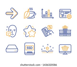 Web settings, Star and Ssd icons simple set. Credit card, Hospital building and Mint tea signs. Face accepted, Diagram graph and Clean skin symbols. Mini pc, Next and Web shop. Line web settings icon