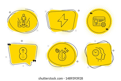 Web settings, Swipe up and Time management signs. Chat bubbles. Dirty water, Augmented reality and Energy line icons set. Aqua drop, Phone simulation, Thunderbolt. Engineering tool. Vector