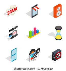 Web setup icons set. Isometric set of 9 web setup vector icons for web isolated on white background