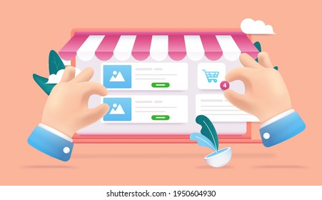 Web shop 3d vector illustration - Online shopping with two cartoon hands picking products and shopping. E-commerce concept.