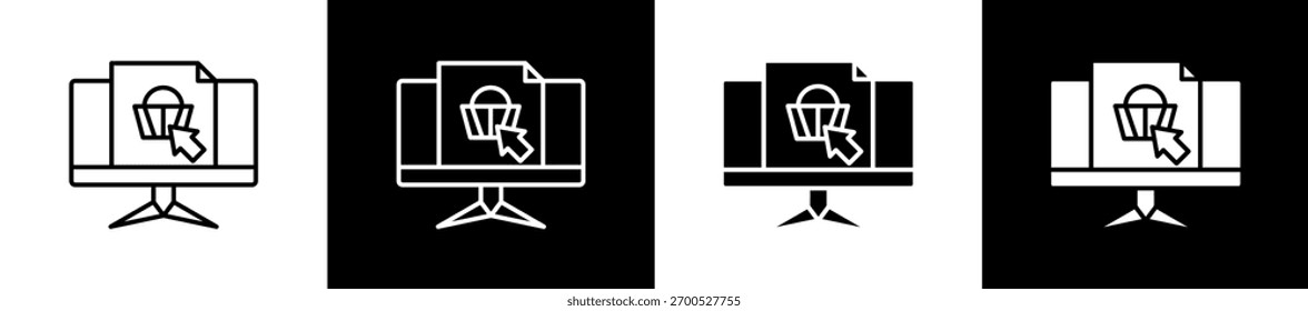 Conjunto de iconos de la tienda de Web en línea y estilo de glifo sobre fondo blanco y negro