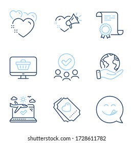 Web shop, Love ticket and Love message line icons set. Diploma certificate, save planet, group of people. Yummy smile, Heart and Airplane travel signs. Shopping cart, Heart, Emoticon. Check in. Vector