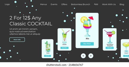 Web shop of restaurant or cafe with assortment of cocktails and alcoholic beverages. Rio and margarita, shots and tasty liquids. Website internet landing page template, vector in flat style