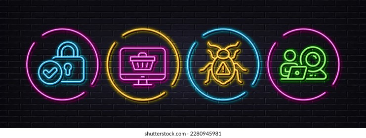 Web shop, Software bug and Verified locker minimal line icons. Neon laser 3d lights. Video conference icons. For web, application, printing. Shopping cart, Cyber virus, Protection locker. Vector