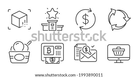 Web shop, Winner podium and Augmented reality line icons set. Usd exchange, Ice cream and Bitcoin atm signs. Accounting report, Recycle symbols. Shopping cart, First place, Virtual reality. Vector