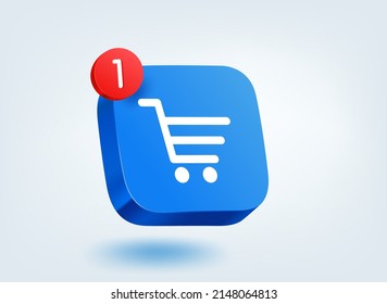 Concepto de carrito de compras web. Icono de aplicación móvil vectorial 3d con notificación