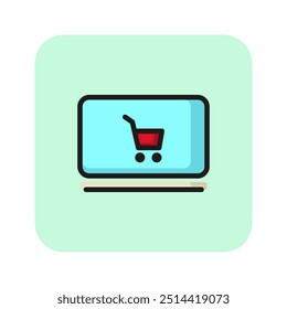 Icono de línea de compras de Web. Cuaderno, pantalla, carta de compras. Concepto de mercado en línea. La Ilustración vectorial se puede utilizar para temas como comercio electrónico, marketing, Internet