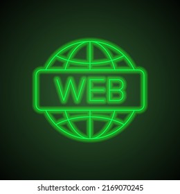 Web simple icon vector. Flat design. Green neon on black background with green light.ai