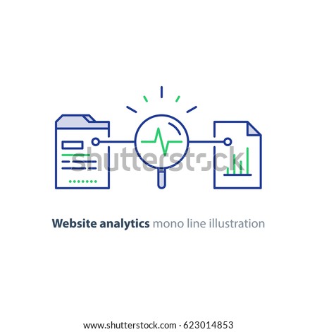 Web site analytics cervices, data processing concept, vector mono line icons