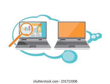 Web site analytics charts on screen of PC. SEO Search Engine Optimization programming business up trend statistics infographics diagram in flat design style