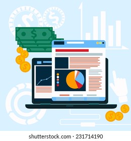 Web site analytics charts on screen of PC. SEO Search Engine Optimization programming business up trend statistics infographics diagram in flat design style