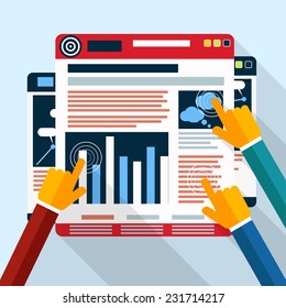 Web site analytics charts on screen of PC. SEO Search Engine Optimization programming business up trend statistics infographics diagram in flat design style