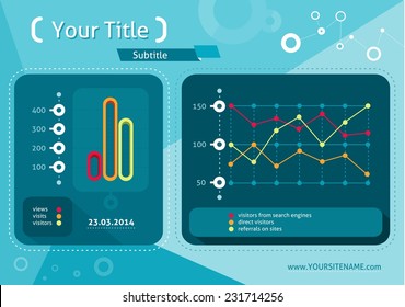 Web site analytics charts on screen of PC. SEO Search Engine Optimization programming business up trend statistics infographics diagram in flat design style