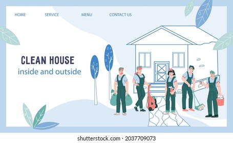 Web site banner of cleaning company. Design for  web page, banner or presentation of house and garden cleaning service, flat cartoon vector illustration.