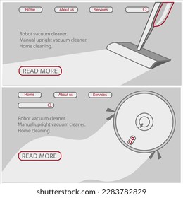 Website-Banner-Haushaltsgeräte. Staubsauger, Roboter-Staubsauger, manueller Staubsauger. Wohnungsreinigung