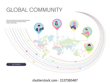 Web site banner template with with global community and network connections. Flat Art Vector illustration