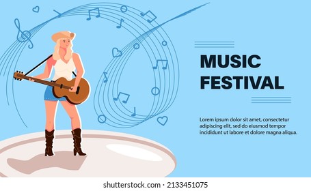 Website-Banner-Vorlage mit Live-Musik Festival. Poster mit weiblicher Gitarrist. Flache Vektorgrafik