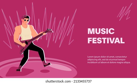Web site banner template with live music festival. Poster with male guitarist. Flat Art Vector illustration
