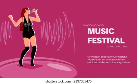 Web site banner template with live music festival. Poster with female singer. Flat Art Vector illustration