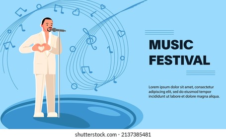 Web site banner template with live music festival. Poster with male singer. Flat Art Vector illustration