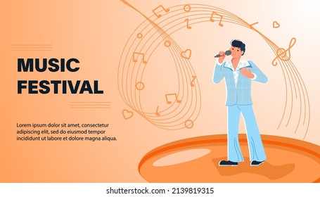 Plantilla de banner de sitio web con festival de música en vivo. Afiche con cantante masculino. Ilustración de Vector de arte plano