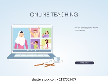 Web site banner template with Online learning. People Study from home via Teleconference and Video Conference Call. Flat Art Vector illustration