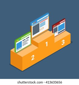 Web site best top review rating podium pedestal concept. Flat 3d isometry isometric style web site app icon set concept vector illustration. Creative people collection.