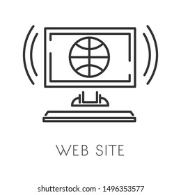 Web site creation isolated linear icon, planet outline symbol on monitor vector. Internet page and browser, online hosting and webdesign service,. Homepage, it technologies developing, social media