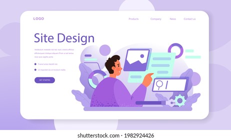 Web site design web banner or landing page. Presenting content on web pages. Website layout, composition and color development. Idea of computer technology. Flat vector illustration