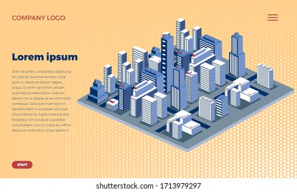 Web site design concept. Isometric city metropolis. Urban architecture with skyscrapers, houses and streets. The landscape of the city. With place for text.