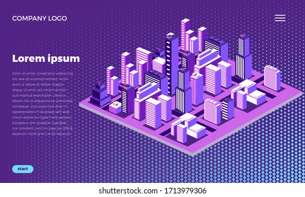 Web site design concept.Neon Isometric city metropolis. Urban architecture with skyscrapers, houses and streets. The landscape of the city. With place for text.