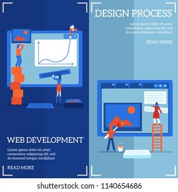 Web site design and development process on vertical banners set - it specialists team constructing, painting and filling webpages with content in flat vector illustration.
